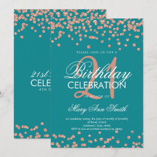 Rose Gold Teal Glitter Confetti 21st Birthday Invitation