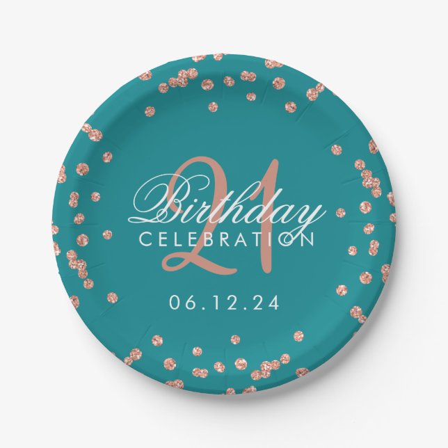 Rose Gold Teal Glitter Confetti 21st Birthday Paper Plate (Front)