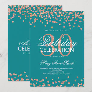 Rose Gold Teal Glitter Confetti 30th Birthday Invitation