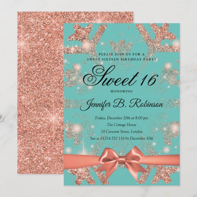 Rose Gold Teal Glitter & Ribbon Winter Sweet 16 Invitation (Front/Back)