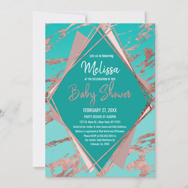 Rose Gold Teal Green Marble Diamond Baby Shower Invitation (Front)