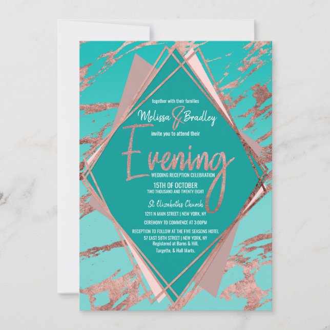 Rose Gold Teal Green Marble Diamond Evening Invitation (Front)