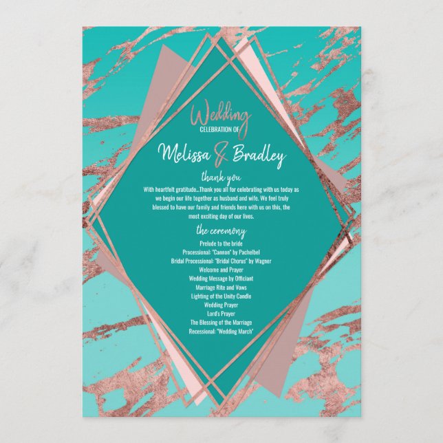 Rose Gold Teal Green Marble Diamond Programs Programme (Front)