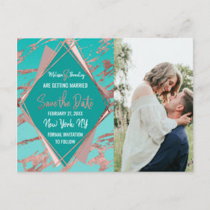 Rose Gold Teal Green Marble Diamond Save Date Announcement Postcard