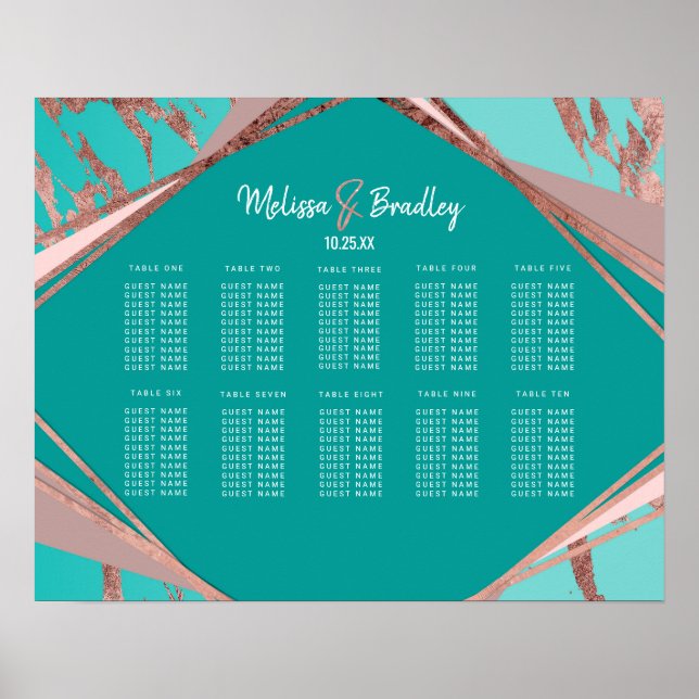 Rose Gold Teal Green Marble Diamond Seating Chart (Front)