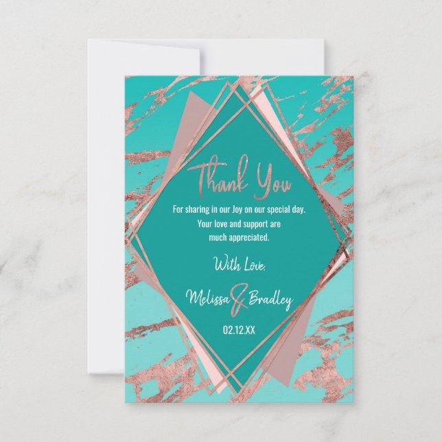 Rose Gold Teal Green Marble Diamond Thank You Card (Front)