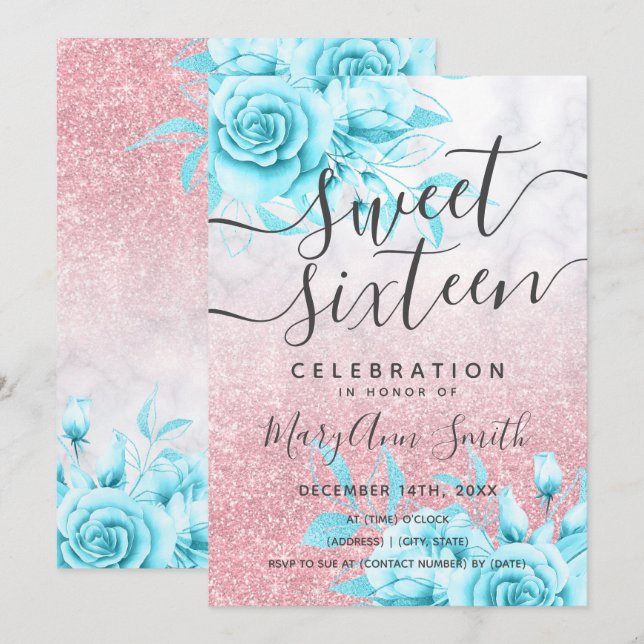 Rose Gold Teal Marble Floral Glitter Sweet 16  Invitation (Front/Back)