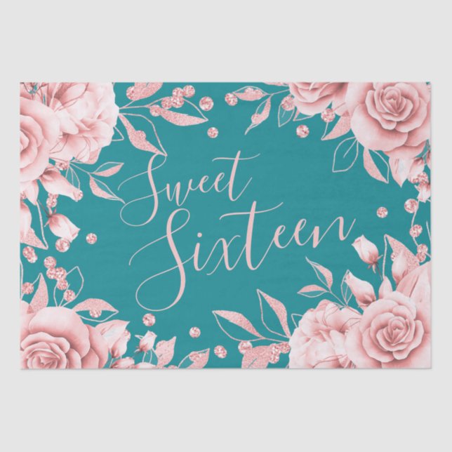 Rose Gold Teal Sweet 16 Birthday Party Floral Tissue Paper (Front)