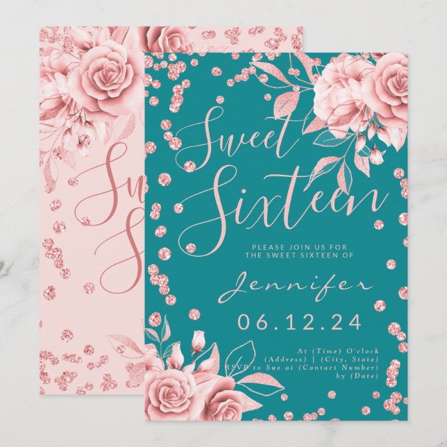 Rose Gold Teal Sweet 16 Glitter Confetti Floral Invitation (Front/Back)