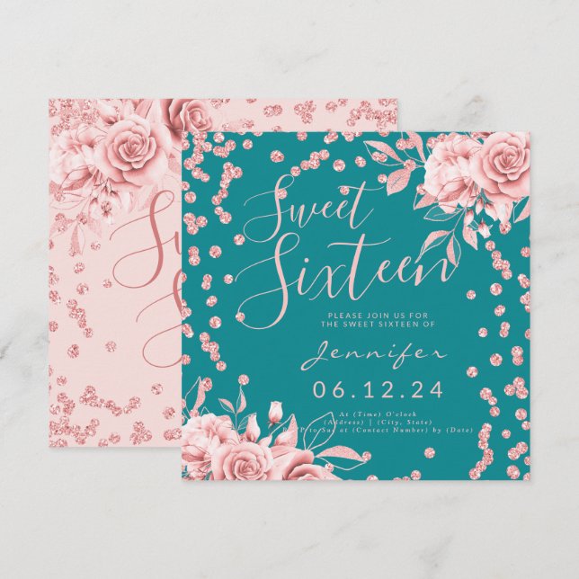 Rose Gold Teal Sweet 16 Glitter Confetti Floral Invitation (Front/Back)