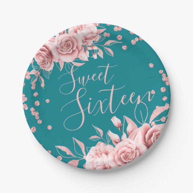 Rose Gold Teal Sweet 16 Glitter Confetti Floral Paper Plate (Front)