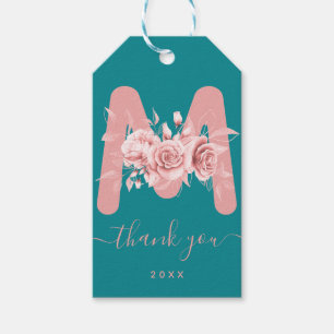 Rose Gold Teal Thank You Floral Monogram Gift Tags