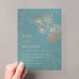 Rose Gold Teal Transparent  Casual Wedding Acrylic Invitations