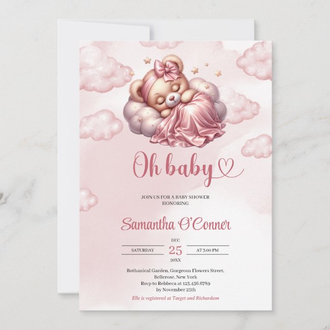 Rose gold teddy bear Oh Baby girl Baby Shower      Invitation (Front)