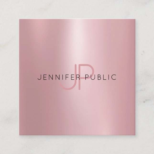 Rose Gold Template Monogram Trendy Modern Elegant Square Business Card (Front)
