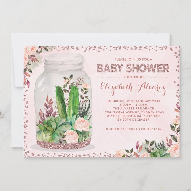 Rose Gold Terrarium Baby Shower Cactus Pink Floral Invitation (Front)