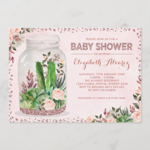 Rose Gold Terrarium Baby Shower Cactus Pink Floral Invitation