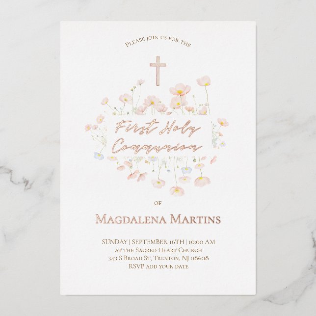 rose gold text First Communion delicate flowers (Front)