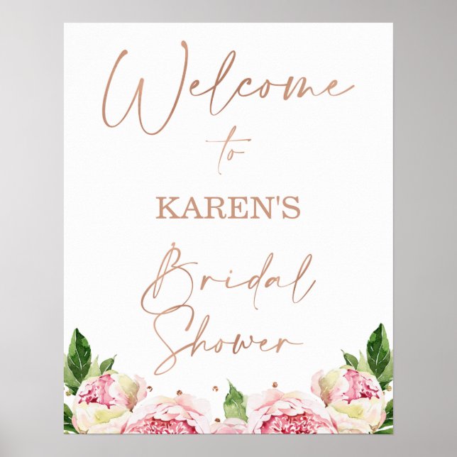 Rose Gold Text Peonies Bridal Shower Welcome Poster (Front)