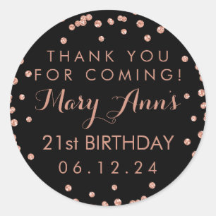 Rose Gold Thank You 21st Birthday Confetti Black Classic Round Sticker