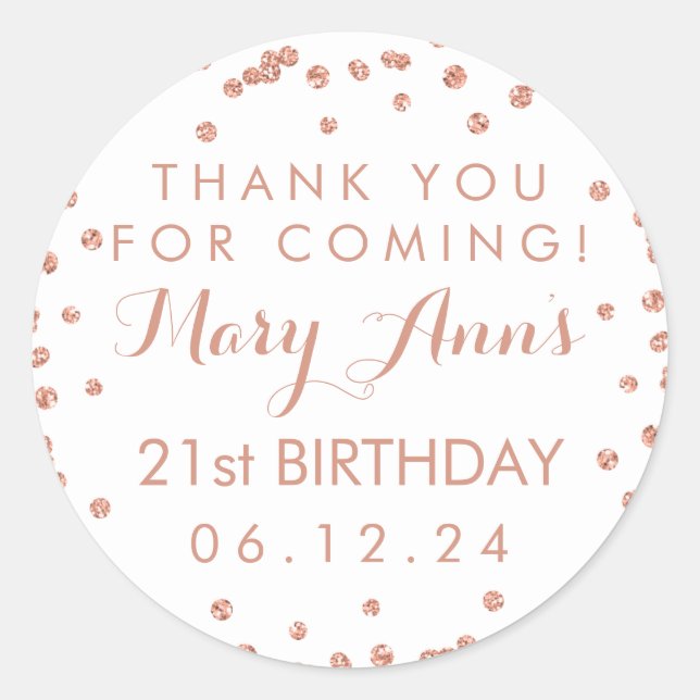 Rose Gold Thank You 21st Birthday Confetti Classic Round Sticker (Front)