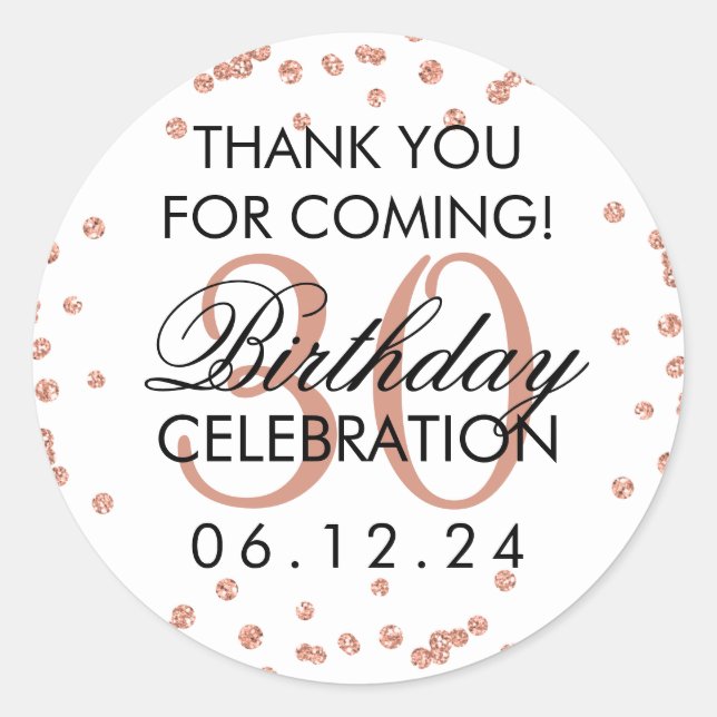 Rose Gold Thank You 30th Birthday Glitter Confetti Classic Round Sticker (Front)