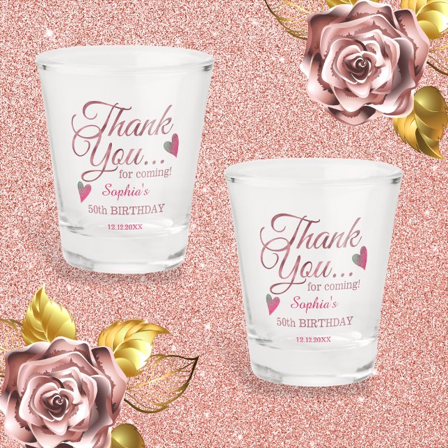 Rose Gold Thank You 50th Birthday Party Favours Shot Glass (Celebrate 50 in style! Personalized shot glasses - the perfect party favor for your memorable day.)
