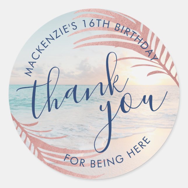 Rose Gold Thank You Beach Birthday Favour Classic Round Sticker (Front)
