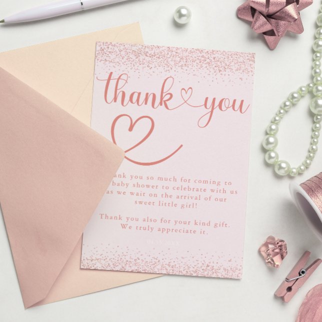 Rose Gold Thank You Confetti Heart Script Card (Creator Uploaded)