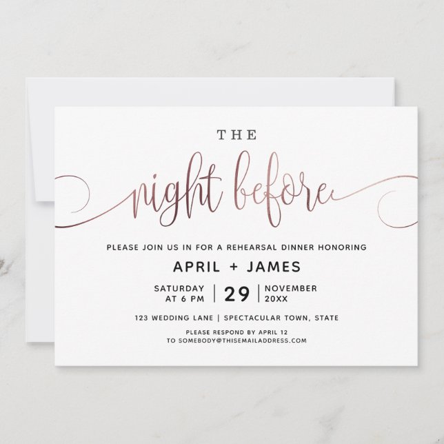 Rose Gold The Night Before Rehearsal Dinner Invitation (Front)