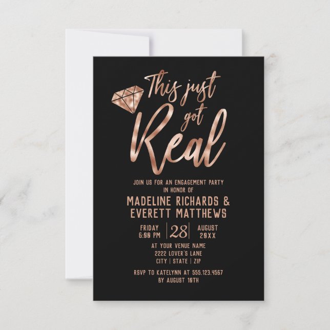 Rose Gold This Just Got Real Engagement Party Invitation (Front)