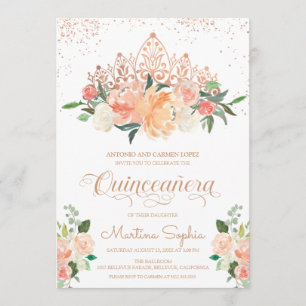 Rose Gold Tiara & Blush Pink Florals Quinceanera Invitation