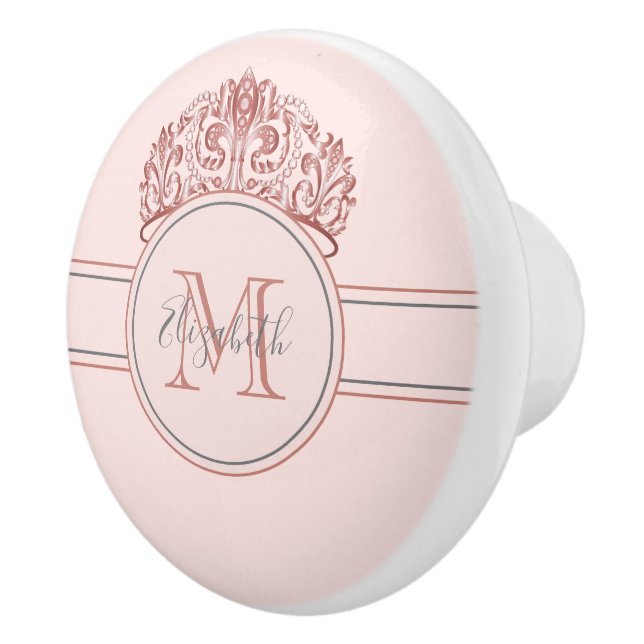 Rose gold tiara crown pink monogram name ceramic knob (Right)