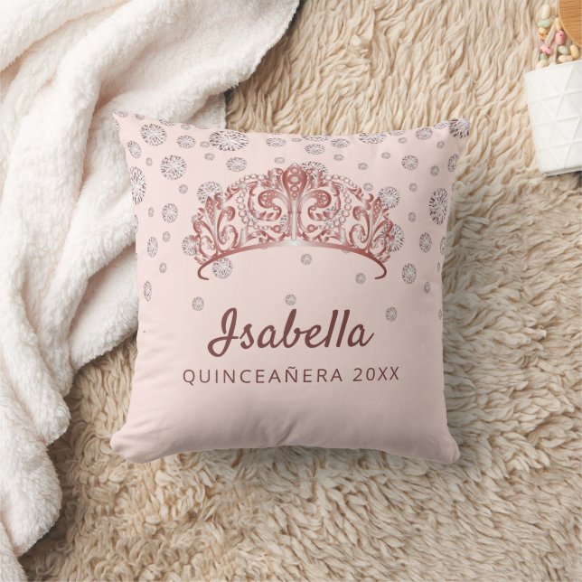 Rose gold tiara crown pink monogram Quinceanera Cushion (Blanket)