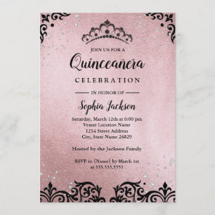 Rose Gold Tiara Damask Quinceanera Invitation