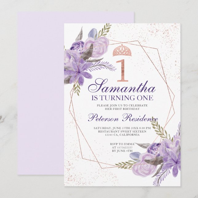 Rose gold tiara floral watercolor 1st birthday invitation (Front/Back)