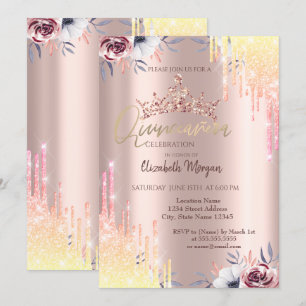 Rose Gold Tiara Flowers Quinceañera Invitation