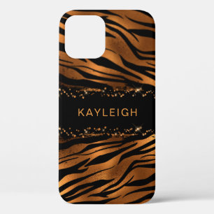 Rose Gold Tiger Print & Glitter   Custom Name iPhone 12 Case