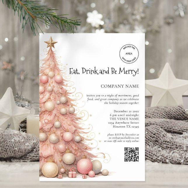 Rose Gold Tree Company Logo QR Christmas Party Invitation (Creator Uploaded)