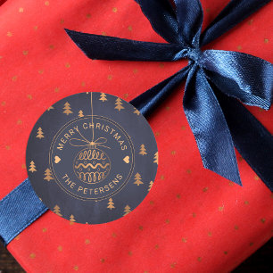Rose Gold Tree Decor on Navy Blue Merry Christmas Classic Round Sticker