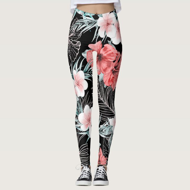 Rose Gold Tropical Botanical Paradise Island Leggings (Front)