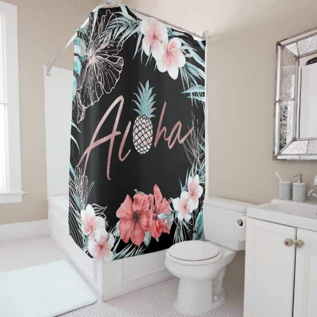 Rose Gold Tropical Botanical Pineapple Aloha Chic Shower Curtain (In Situ)