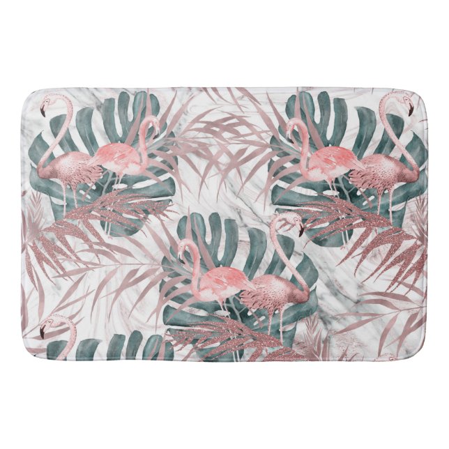 Rose Gold Tropical Flamingos Leaves & Marble Bath Mat (Front)