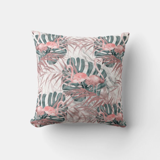 Rose Gold Tropical Flamingos Leaves & Marble Cushion (Front)