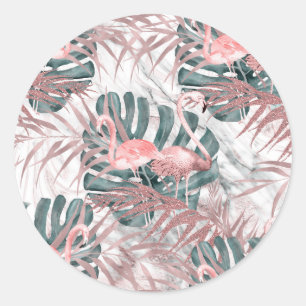 Rose Gold Tropical Flamingos Leaves & Marble Party Classic Round Sticker