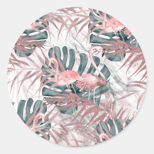Rose Gold Tropical Flamingos Leaves & Marble Party Classic Round Sticker (Front)
