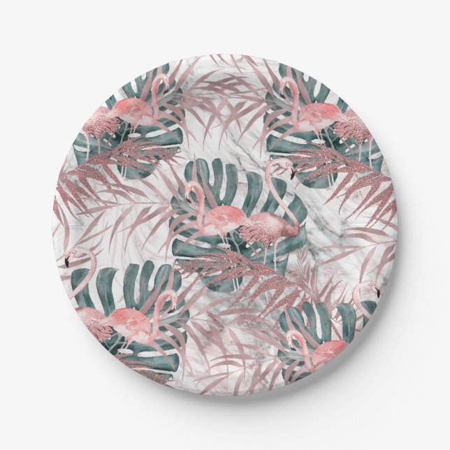 Rose Gold Tropical Flamingos Leaves & Marble Party Paper Plate (Front)