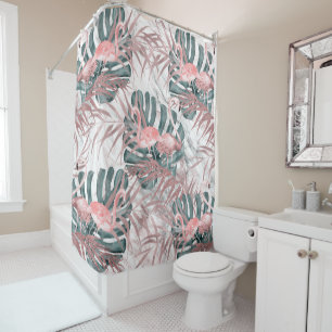 Rose Gold Tropical Flamingos Leaves & Marble Shower Curtain