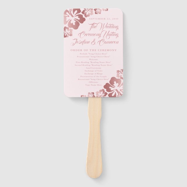 Rose Gold Tropical Hibiscus Flower Wedding Program Hand Fan (Front)