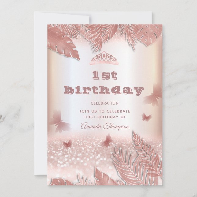 Rose gold tropical leaves glitter butterfly tiara invitation (Front)
